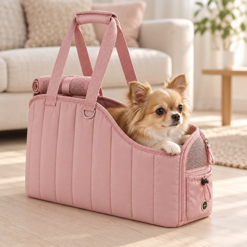 Petit chien chihuahua à poil long installé dans le sac de transport rose poudre, une patte posée sur le bord de l'échancrure.