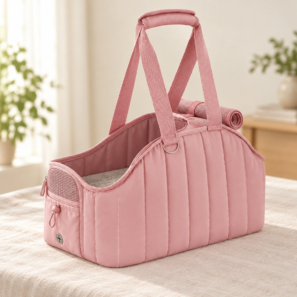 Sac de transport rose poudre seul, posé sur une nappe de lin claire, capote en filet roulée sur l'extrémité haute.