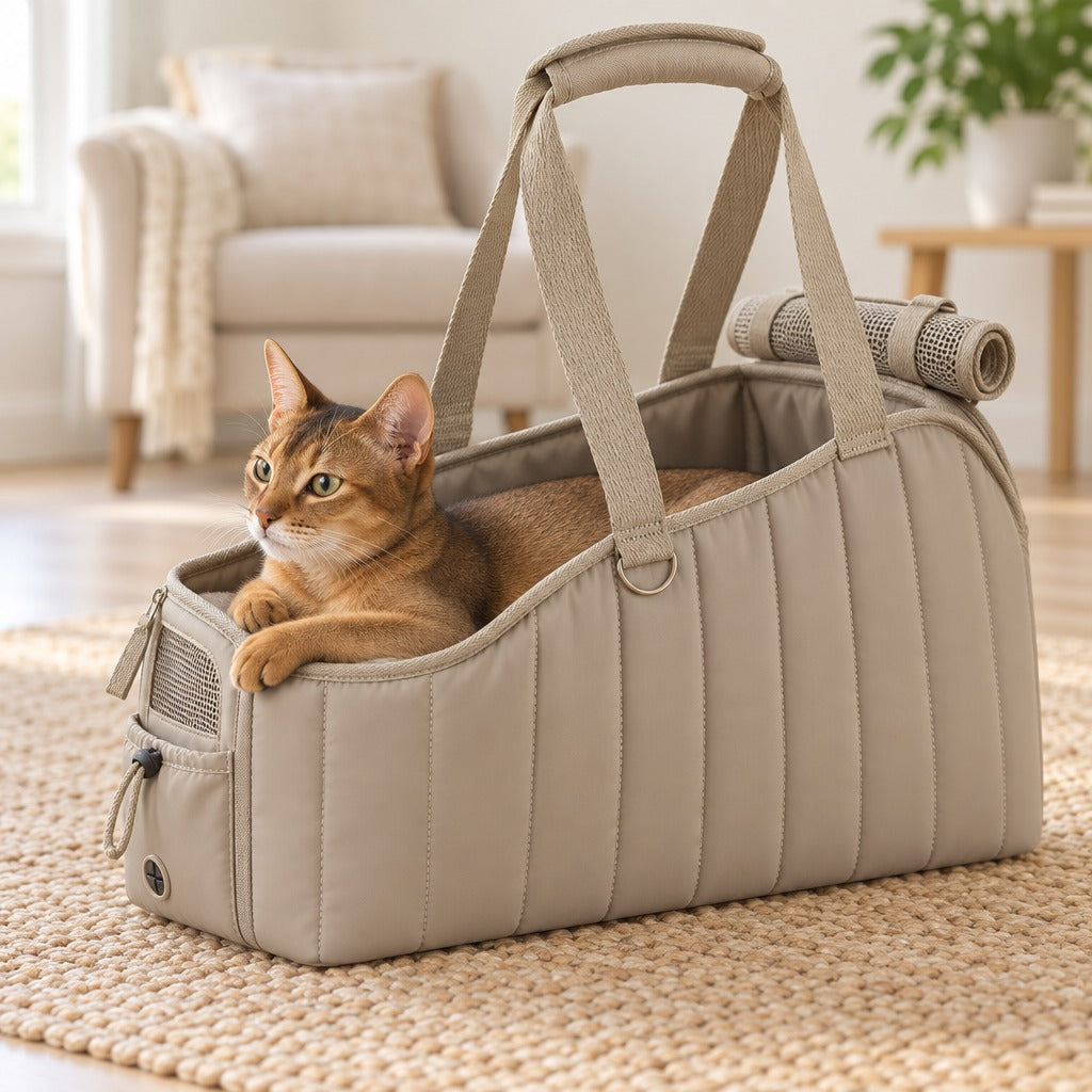 Chat abyssin roux allongé de tout son long dans le sac de transport taupe posé sur un tapis tressé.
