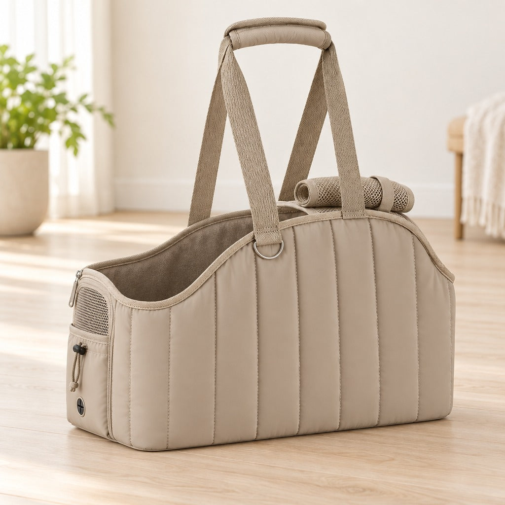 Sac de transport taupe seul, posé sur un parquet clair, son échancrure et sa ligne de dessus en rampe bien lisibles.