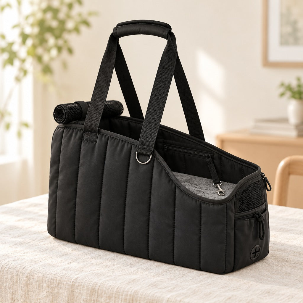 Sac de transport noir seul, posé sur une table, intérieur, poche zippée et longe de sécurité visibles.