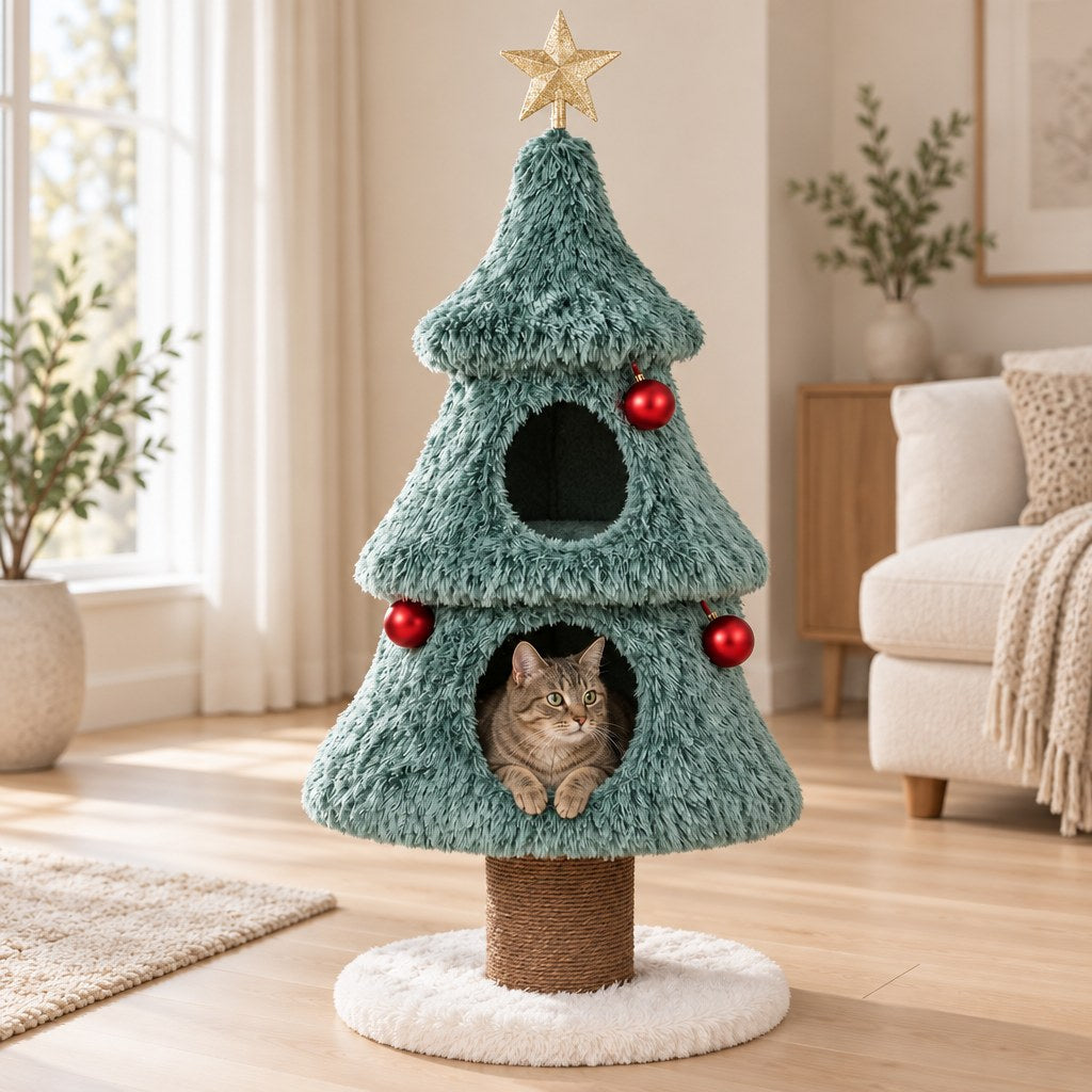Le sapin à chat vert givré sur son socle rond en peluche blanche, un chat dans la niche du bas