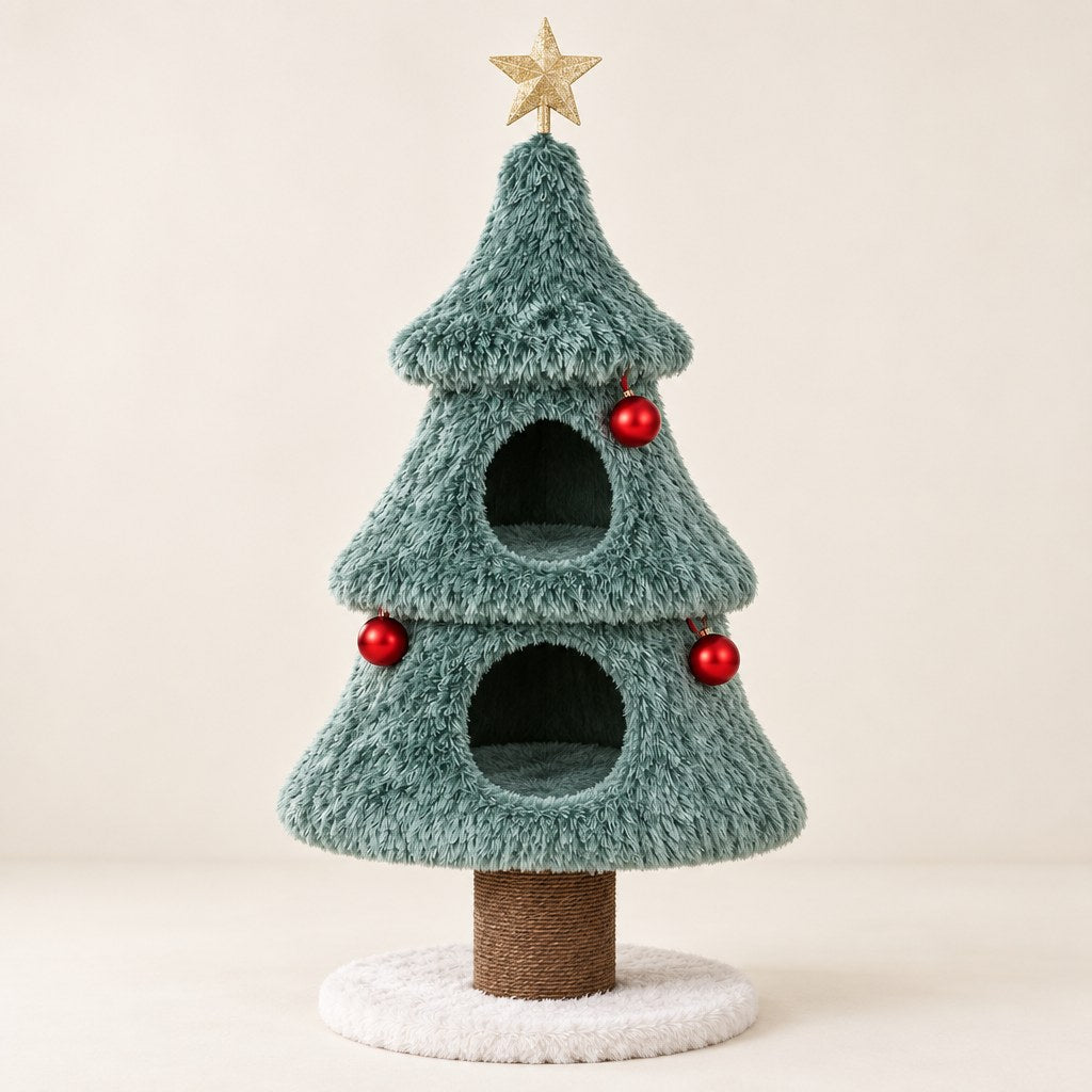 Le sapin vu de face : deux niches, trois boules, étoile dorée, poteau en sisal et socle blanc