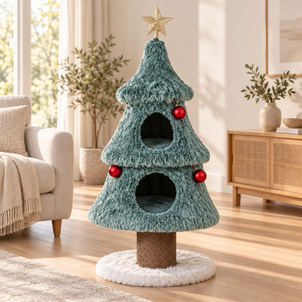 Le sapin de 123 cm dans un salon clair, posé sur son socle rond en peluche blanche