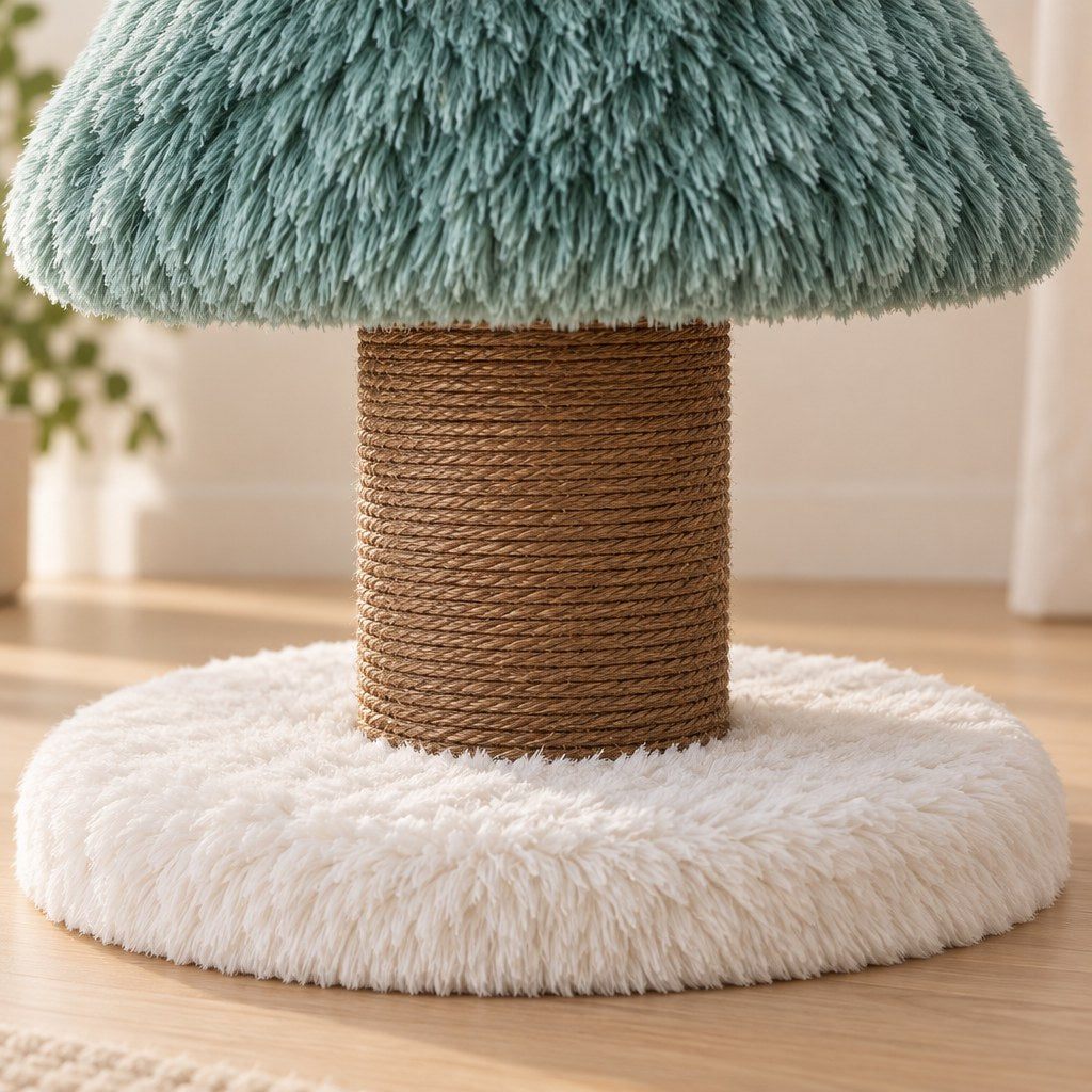 Gros plan sur le poteau en sisal planté au centre du socle rond en peluche blanche