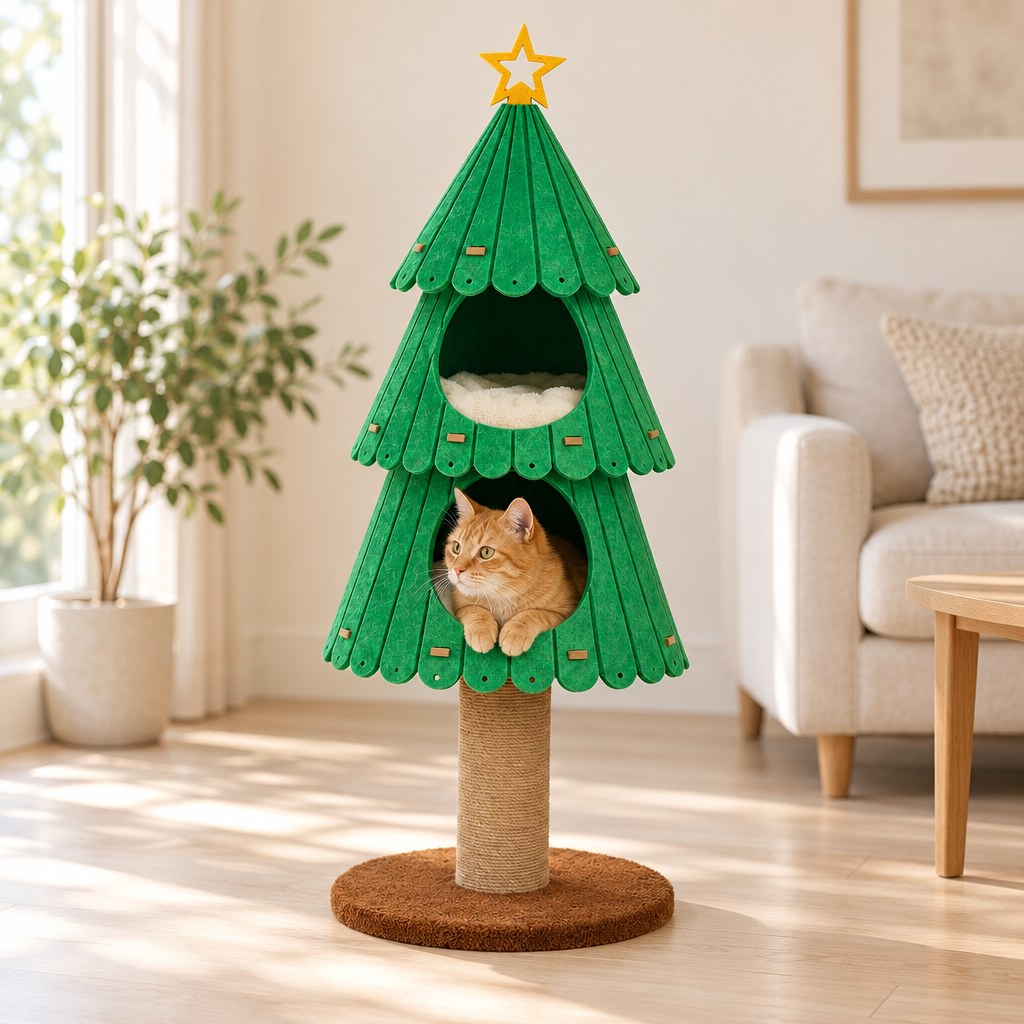 Le sapin à chat en feutre vert dans un salon, un chat roux installé dans la niche du bas