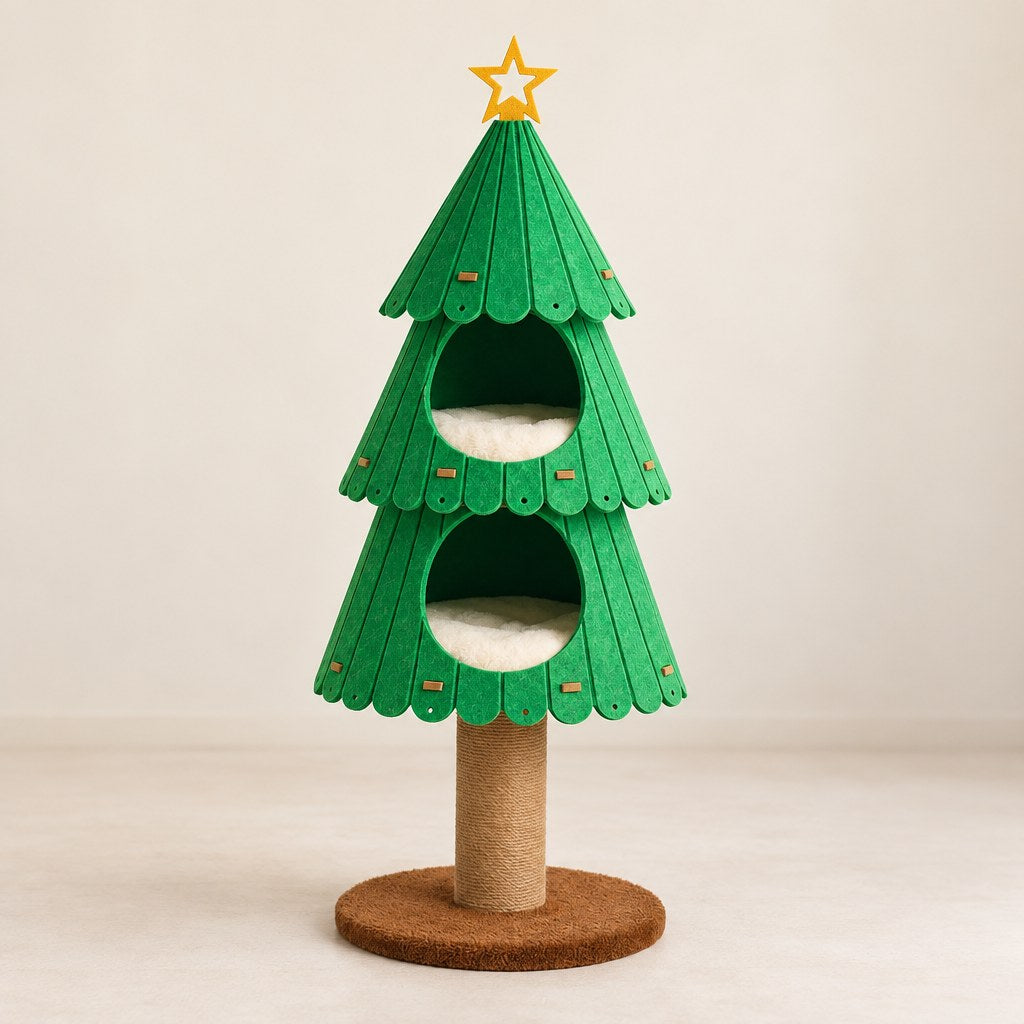 Le sapin vu de face : deux niches rondes à coussin, étoile dorée, poteau en sisal et socle rond