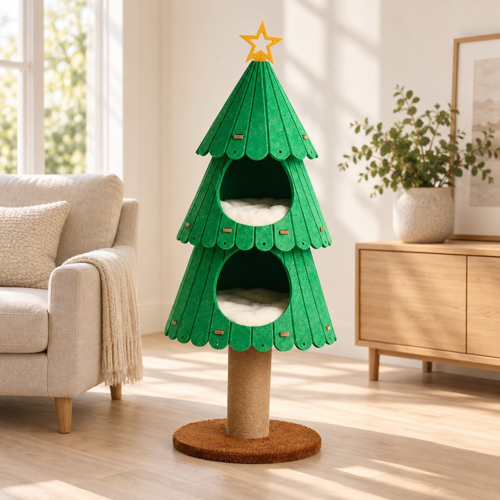Le sapin de 109 cm dans un salon clair, à côté d'un fauteuil et d'une console en bois