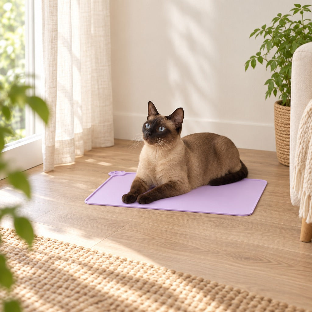 Un chat seal point couché en sphinx sur le set de table lilas, dans un salon clair près de la fenêtre.