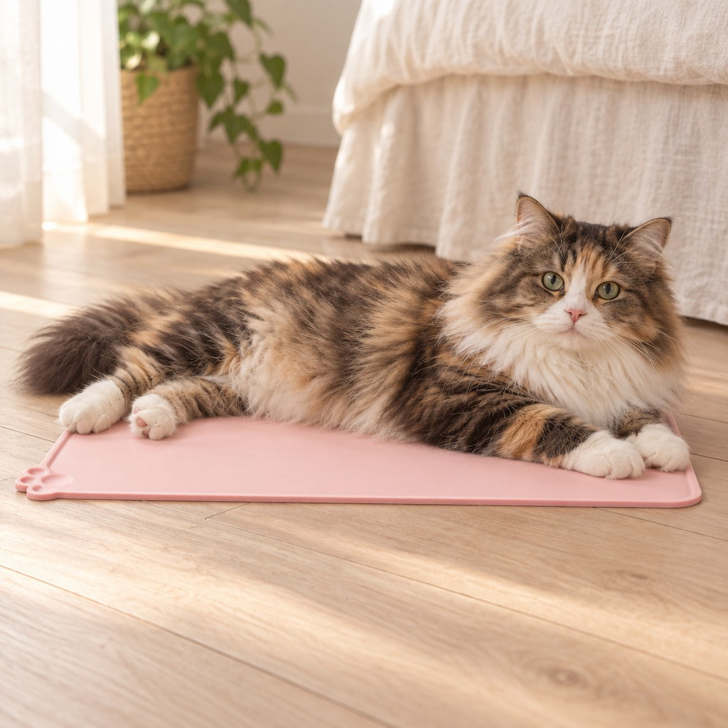 Un chat écaille de tortue à poil long couché de tout son long sur le set de table rose poudré, dans une chambre claire.