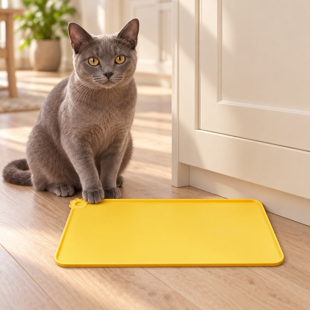 Un chat gris bleu assis devant un meuble de cuisine pose une patte sur le rebord du set de table jaune soleil.