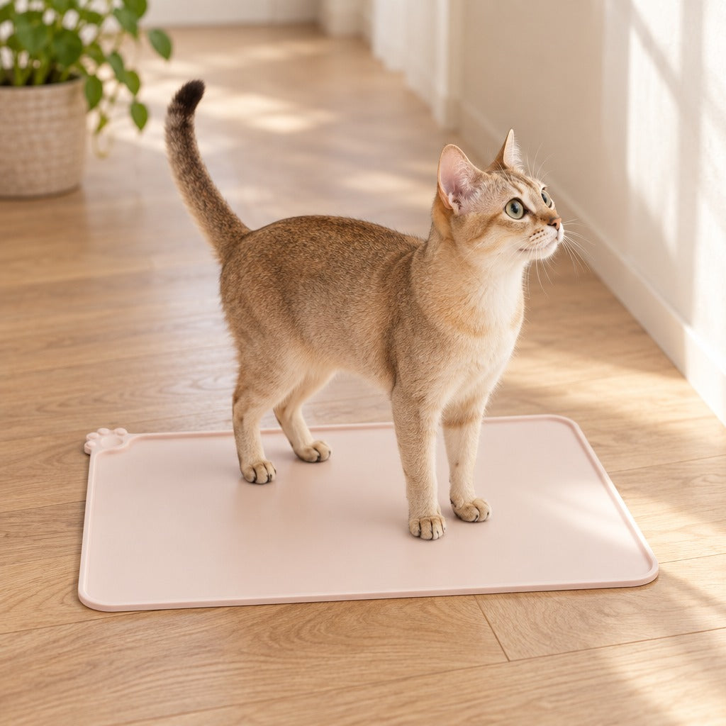 Un chat roux tigré debout sur le set de table beige rosé, dans un couloir lumineux.