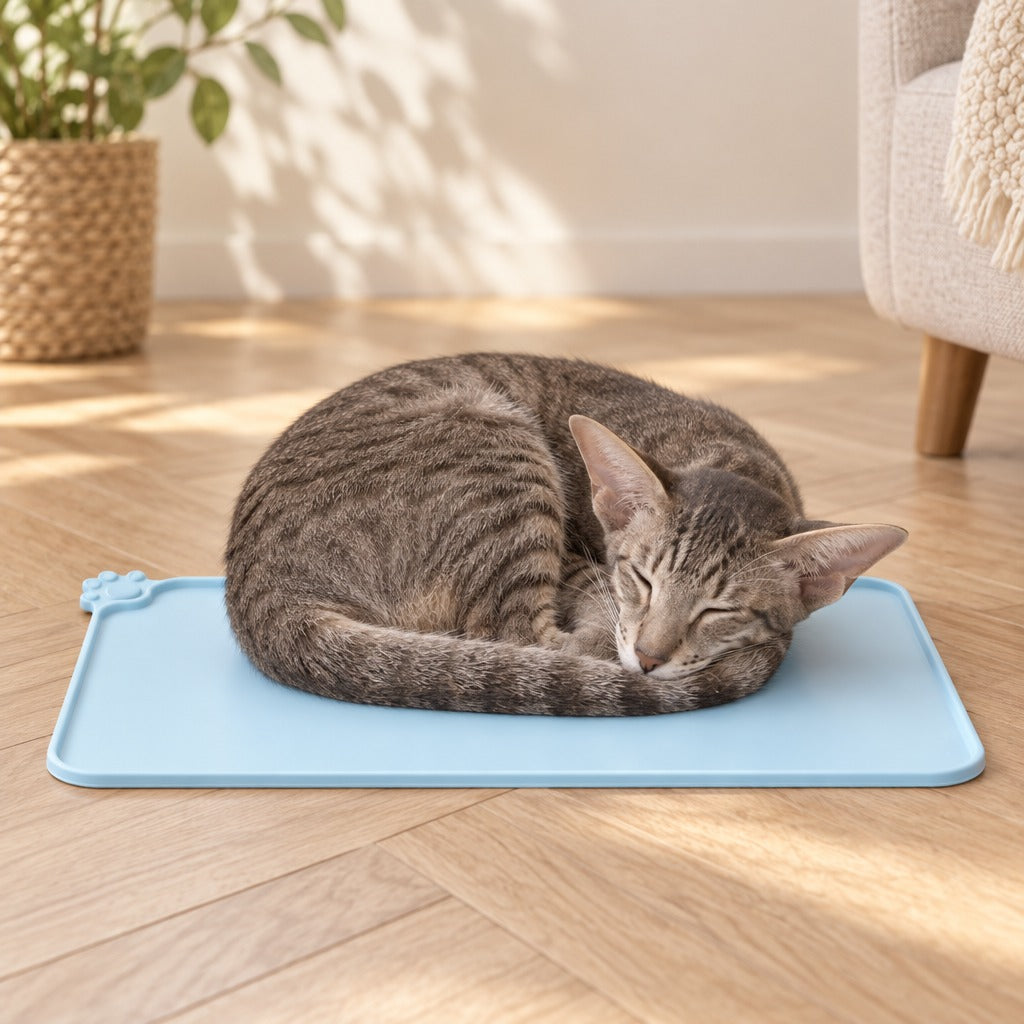 Un chat tigré gris dort roulé en boule sur le set de table bleu ciel, dans un salon ensoleillé.