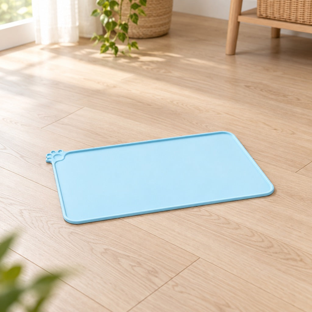 Le set de table bleu ciel seul sur un parquet clair près d'une fenêtre, vu de trois quarts.