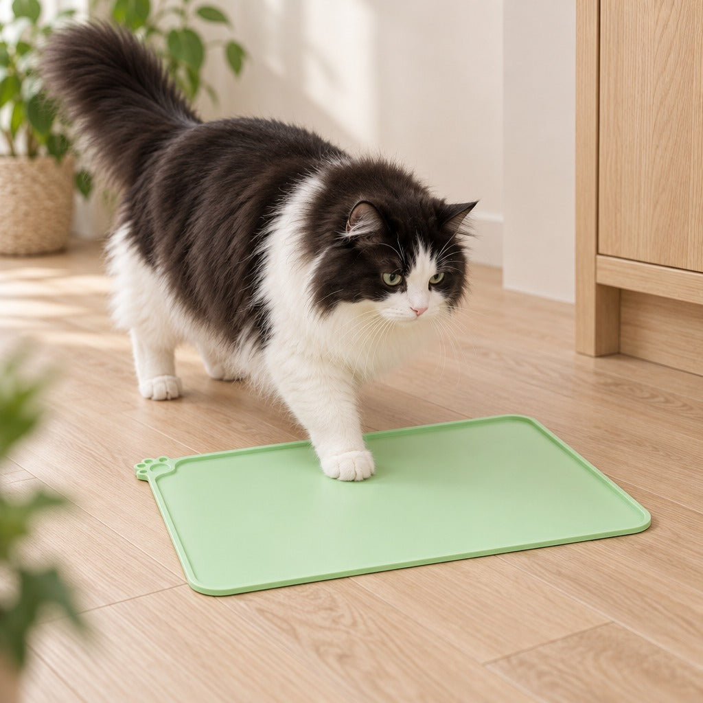 Un chat noir et blanc à poil long pose ses pattes avant sur le set de table vert amande.