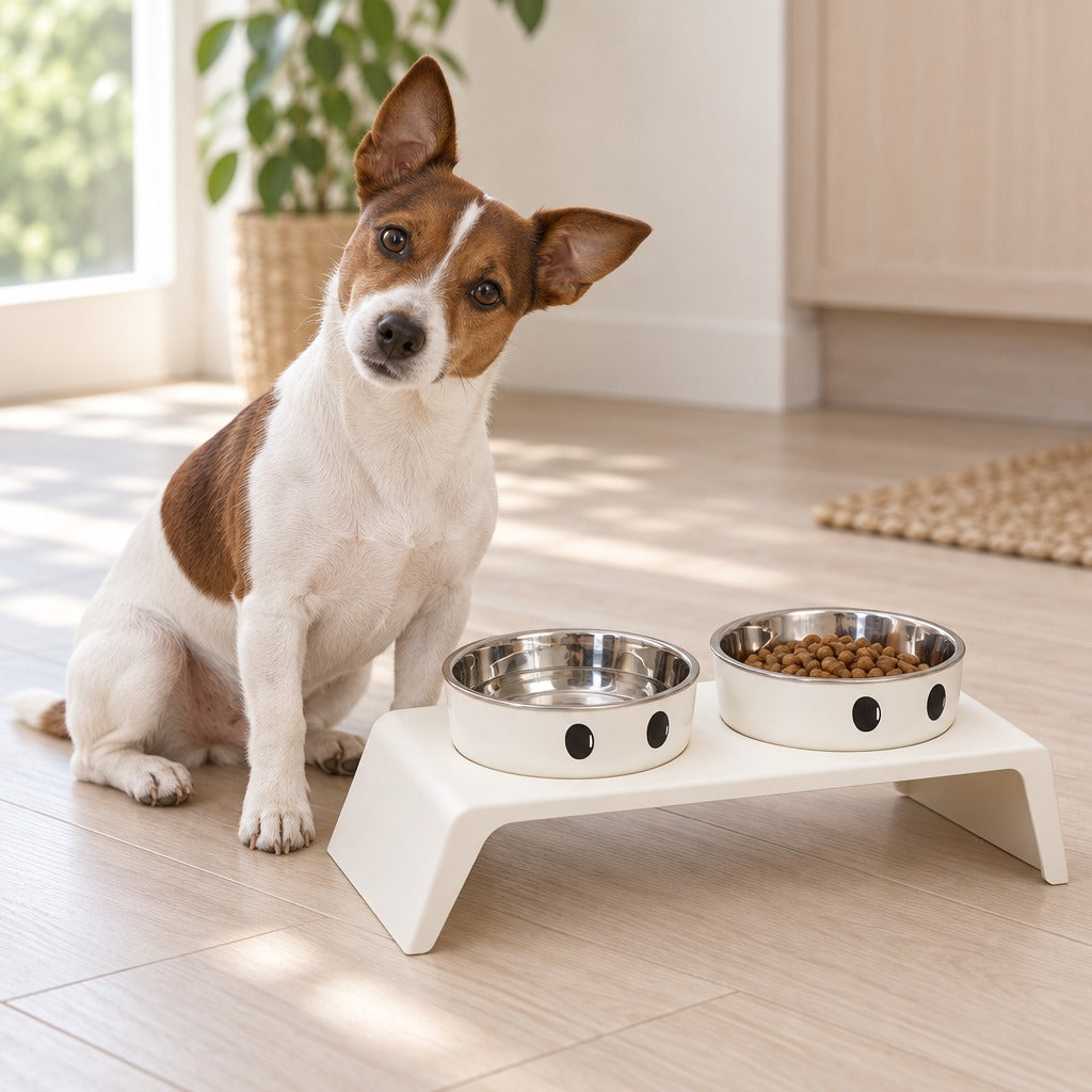 Un Jack Russell marron et blanc assis à côté du socle repas modèle Grands yeux, cuve inox, la tête inclinée vers l'objectif.