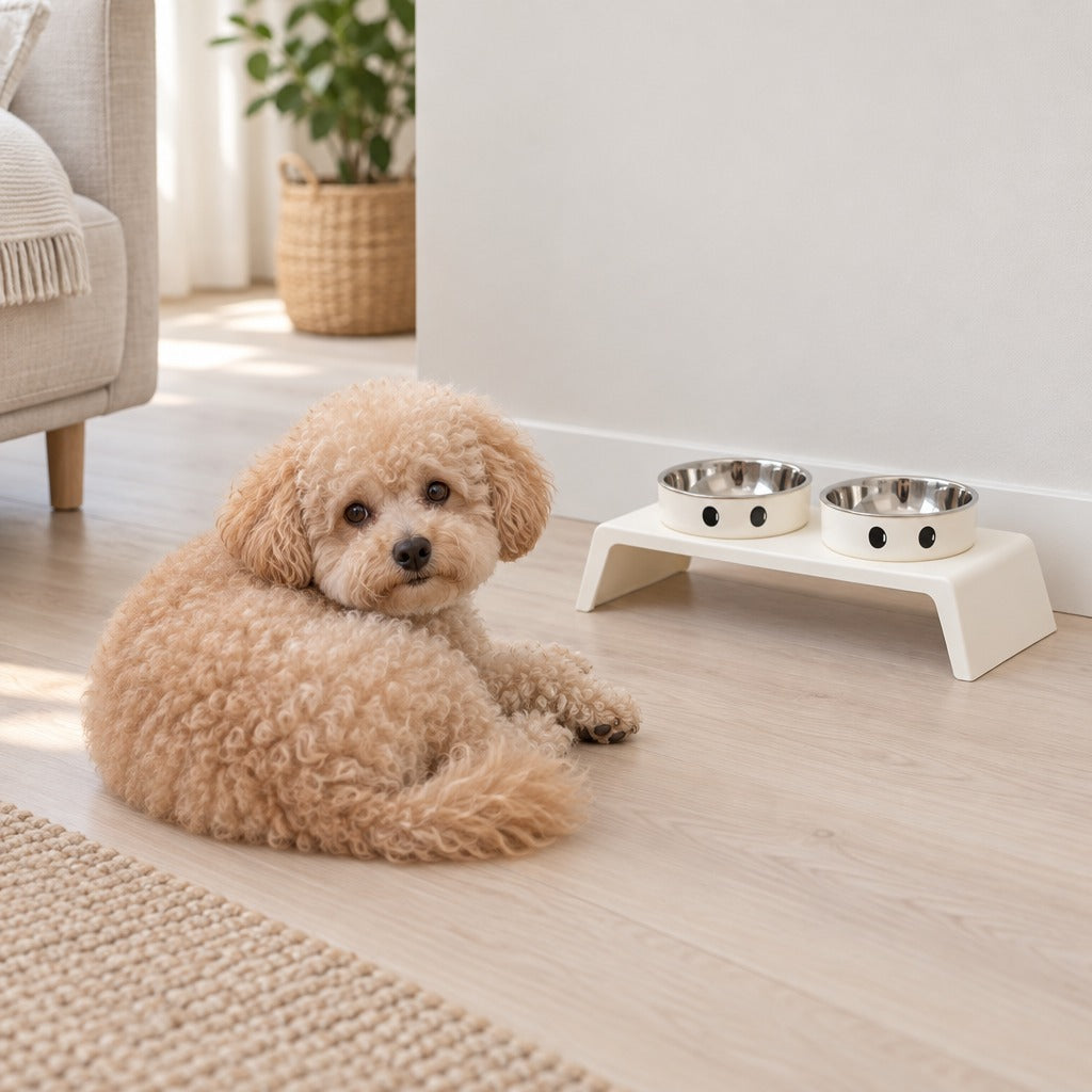 Un petit chien à poil bouclé fauve couché sur le parquet d'un séjour clair, près du socle repas modèle Grands yeux, cuve inox.