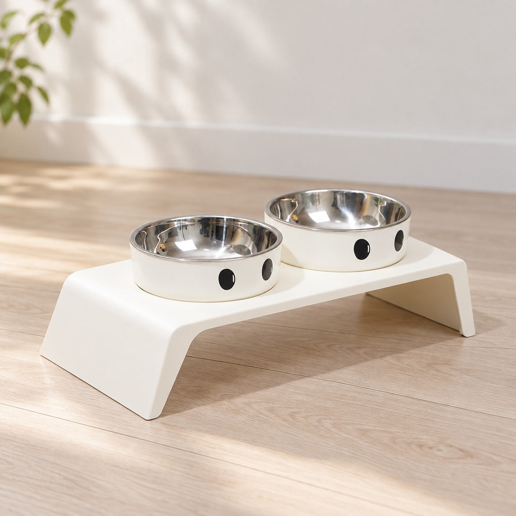 Le socle repas modèle Grands yeux, cuve inox seul sur un parquet clair, ses deux bols à cuve en acier inoxydable vus de trois quarts.