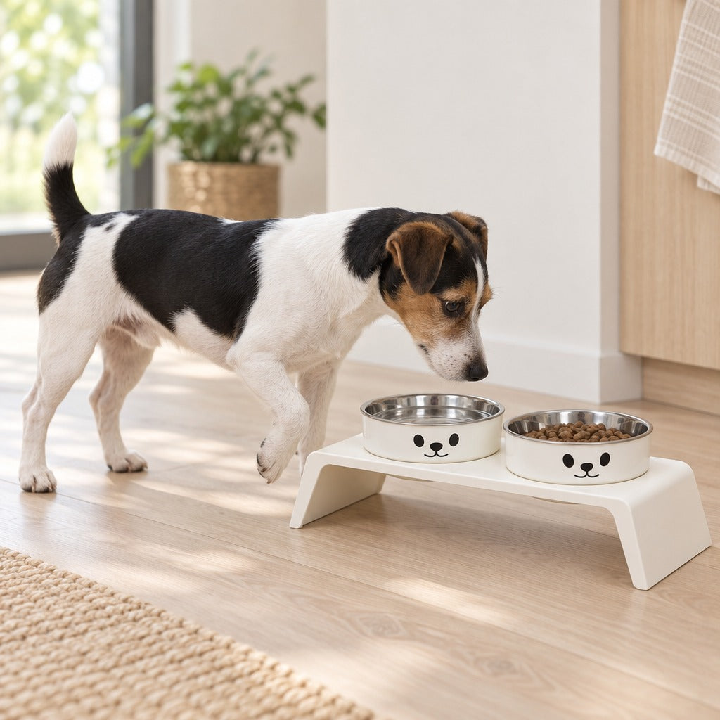 Un Jack Russell noir et blanc avance vers le socle repas modèle Museau, cuve inox, une patte avant levée.