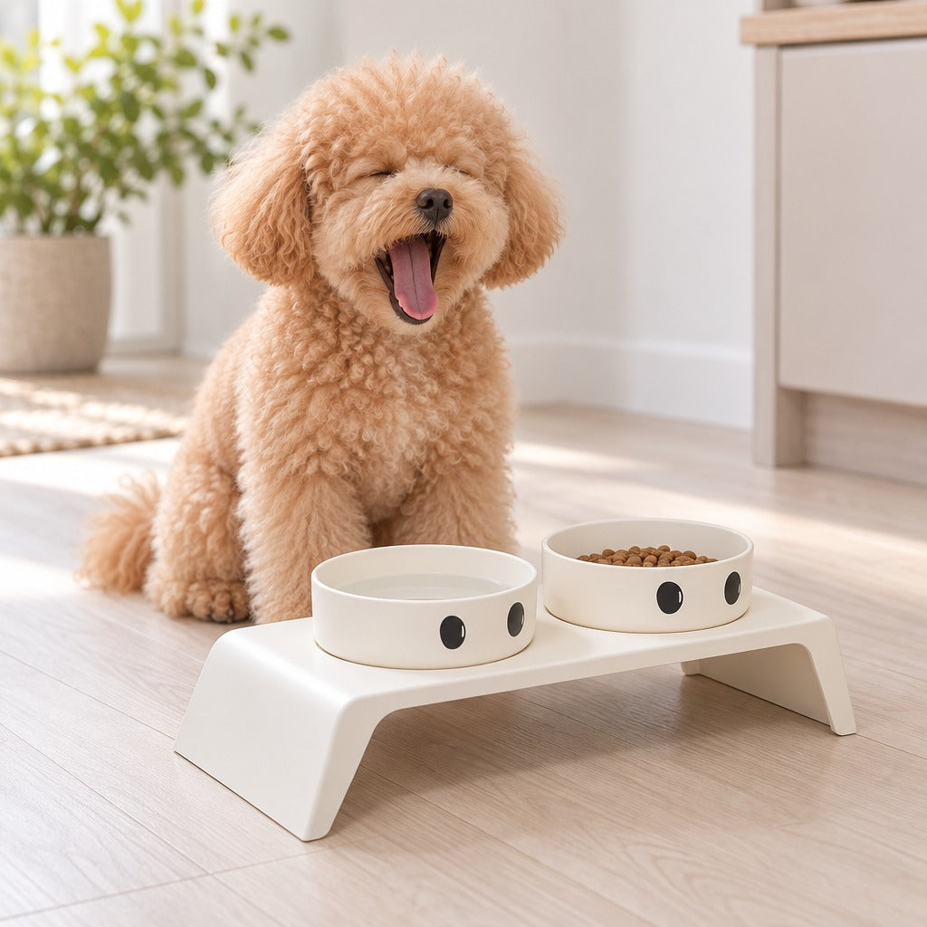 Un bichon frisé fauve assis bâille largement derrière le socle repas modèle Grands yeux, tout blanc.