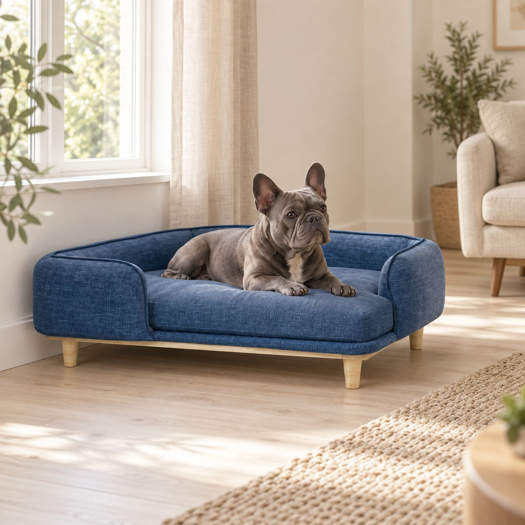 Un bouledogue français gris en sphinx sur le sofa bleu denim installé sous une fenêtre, dans un séjour lumineux.