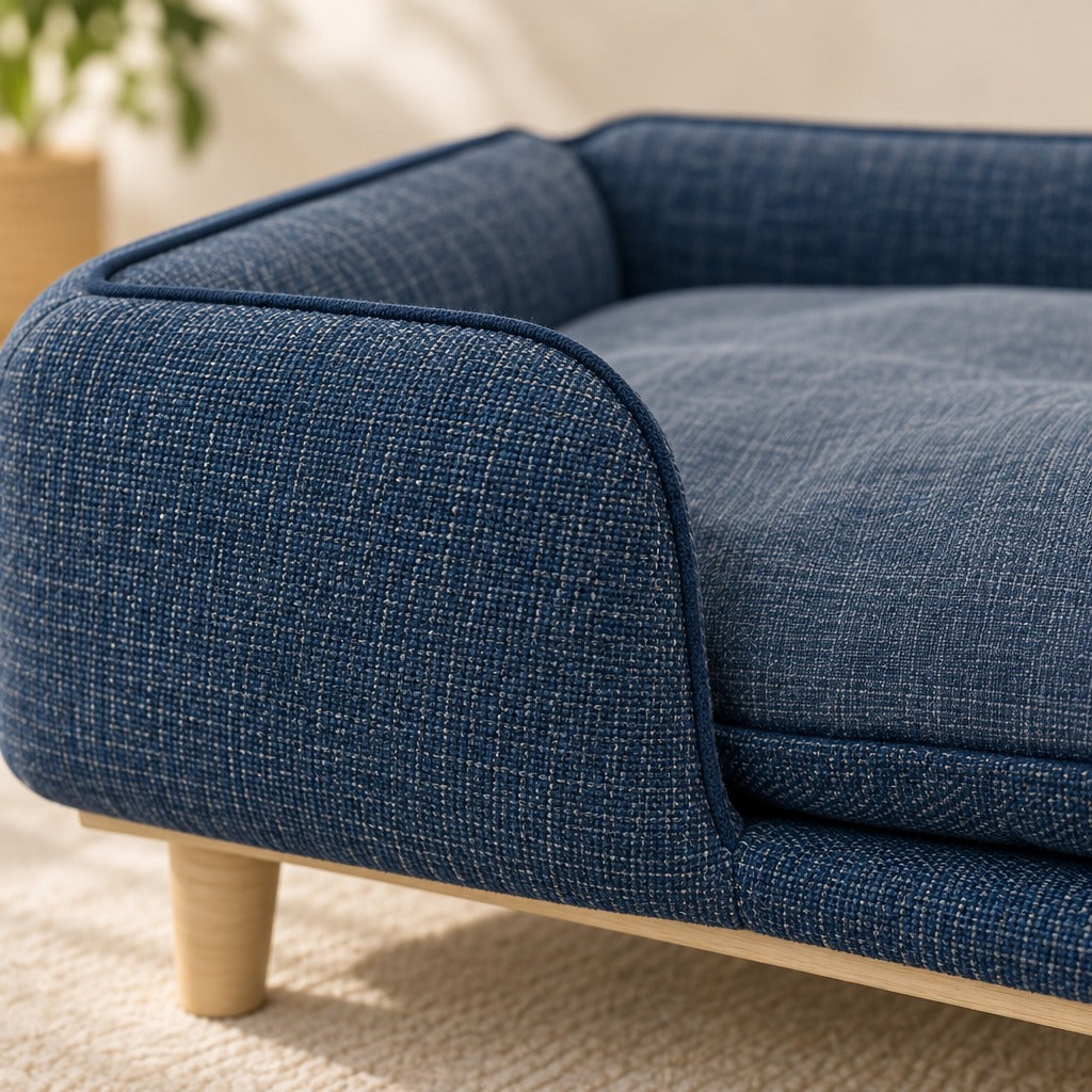 Gros plan sur le tissu tissé bleu denim de l'accoudoir du sofa pour chien et sur son passepoil bleu foncé.