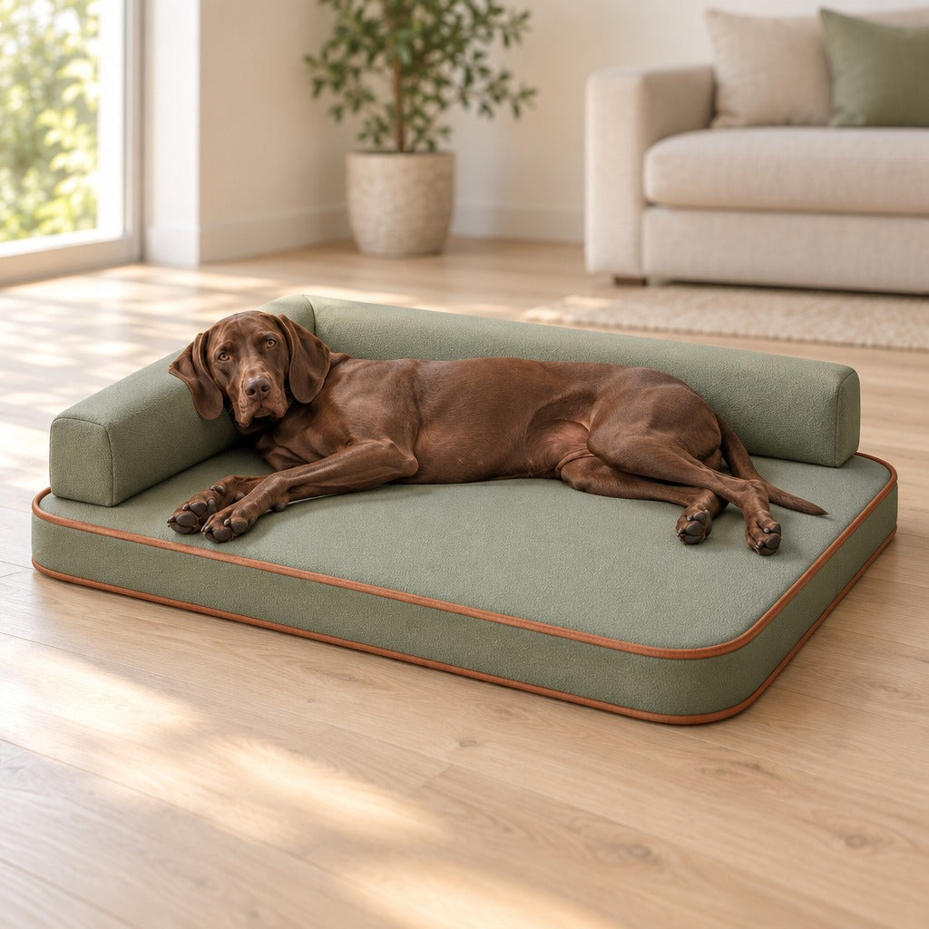 Un braque chocolat couché de tout son long sur le sofa en L vert olive, le dos calé contre le traversin, dans un salon clair.