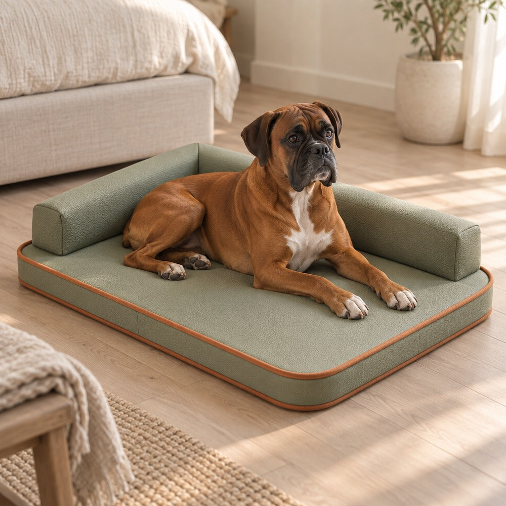 Un boxer roux en sphinx sur le sofa en L vert olive, les deux traversins visibles derrière lui et deux côtés laissés libres.