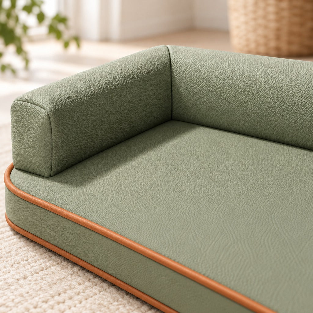 Gros plan sur l'angle droit où se rejoignent les deux traversins du sofa en L vert olive, la toile grainée et le double cordon cognac du socle.