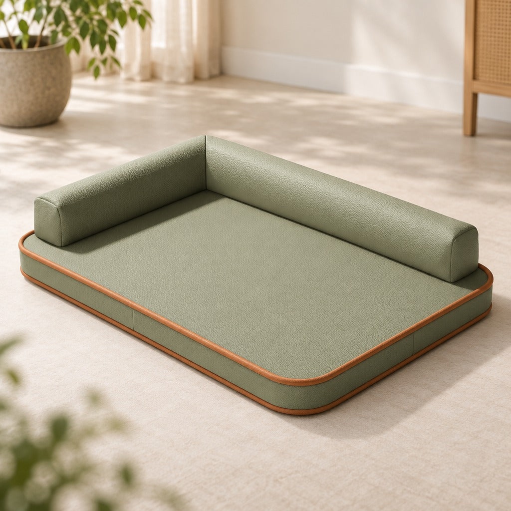 Le sofa en L vert olive seul sur un sol clair, vu de trois quarts, ses deux traversins en L et ses deux côtés libres bien lisibles.