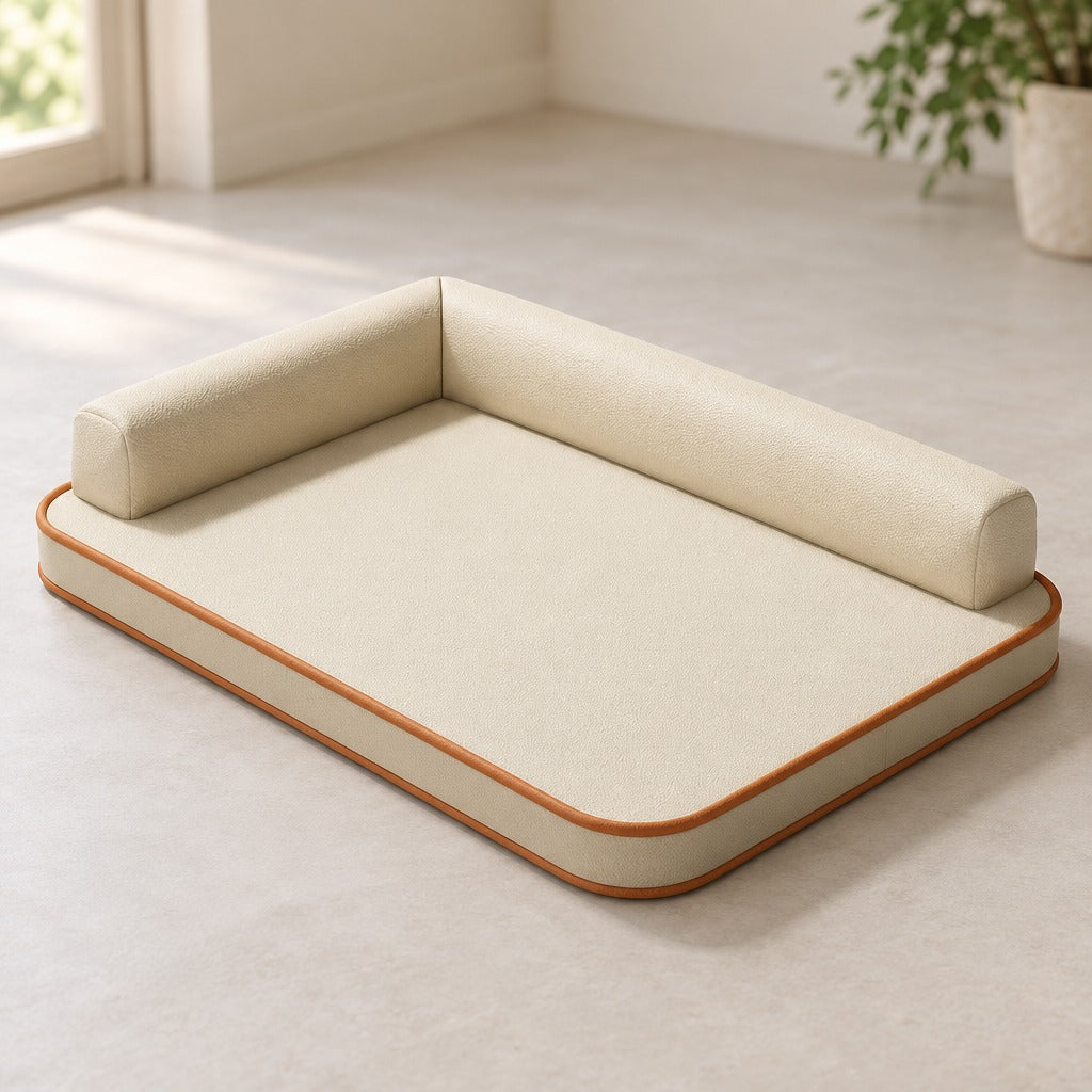 Le sofa en L blanc lait seul sur un sol clair, vu de trois quarts, son socle épais souligné par un double cordon cognac.