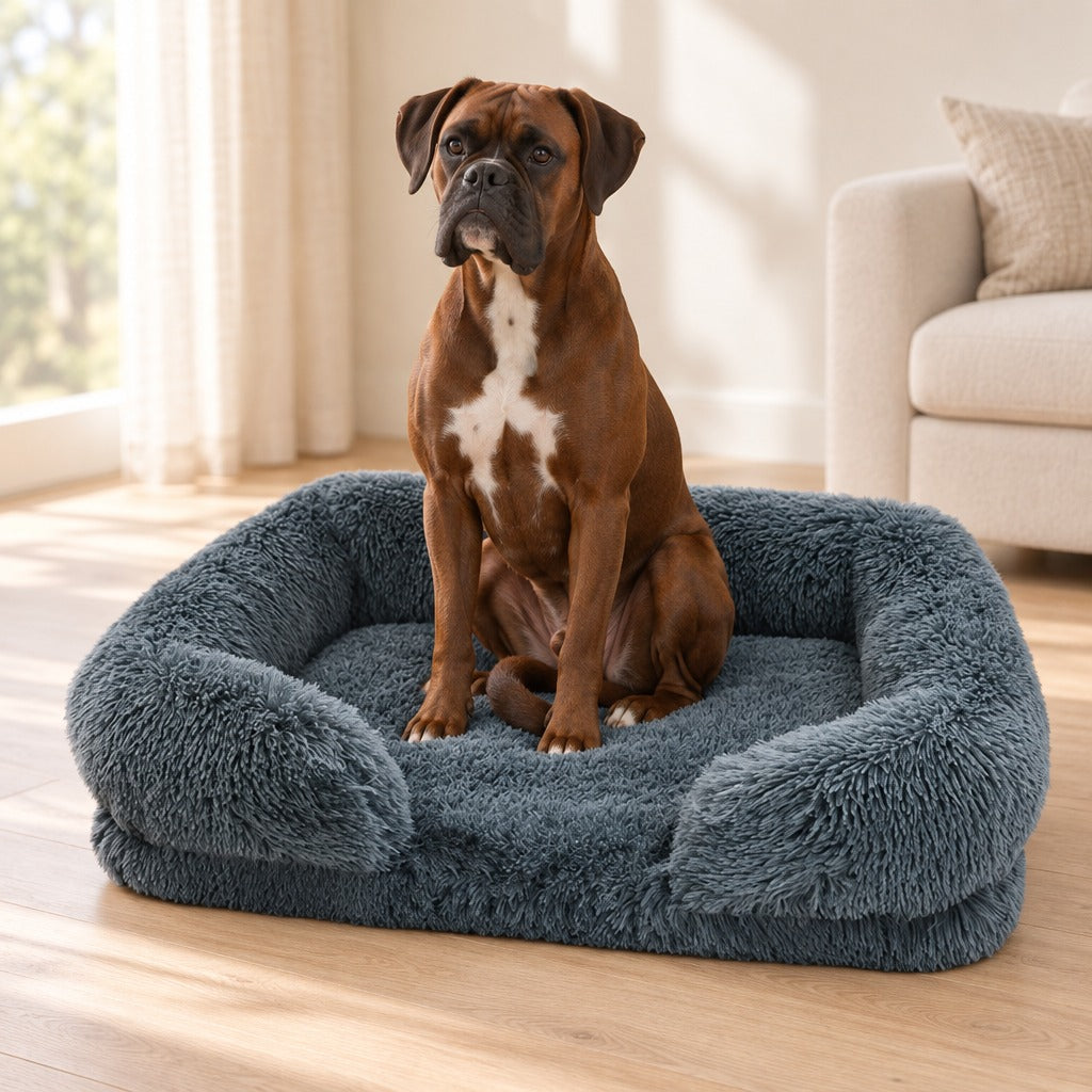 Un boxer chocolat assis bien droit sur le sofa gris ardoise, dans un salon lumineux au parquet blond.