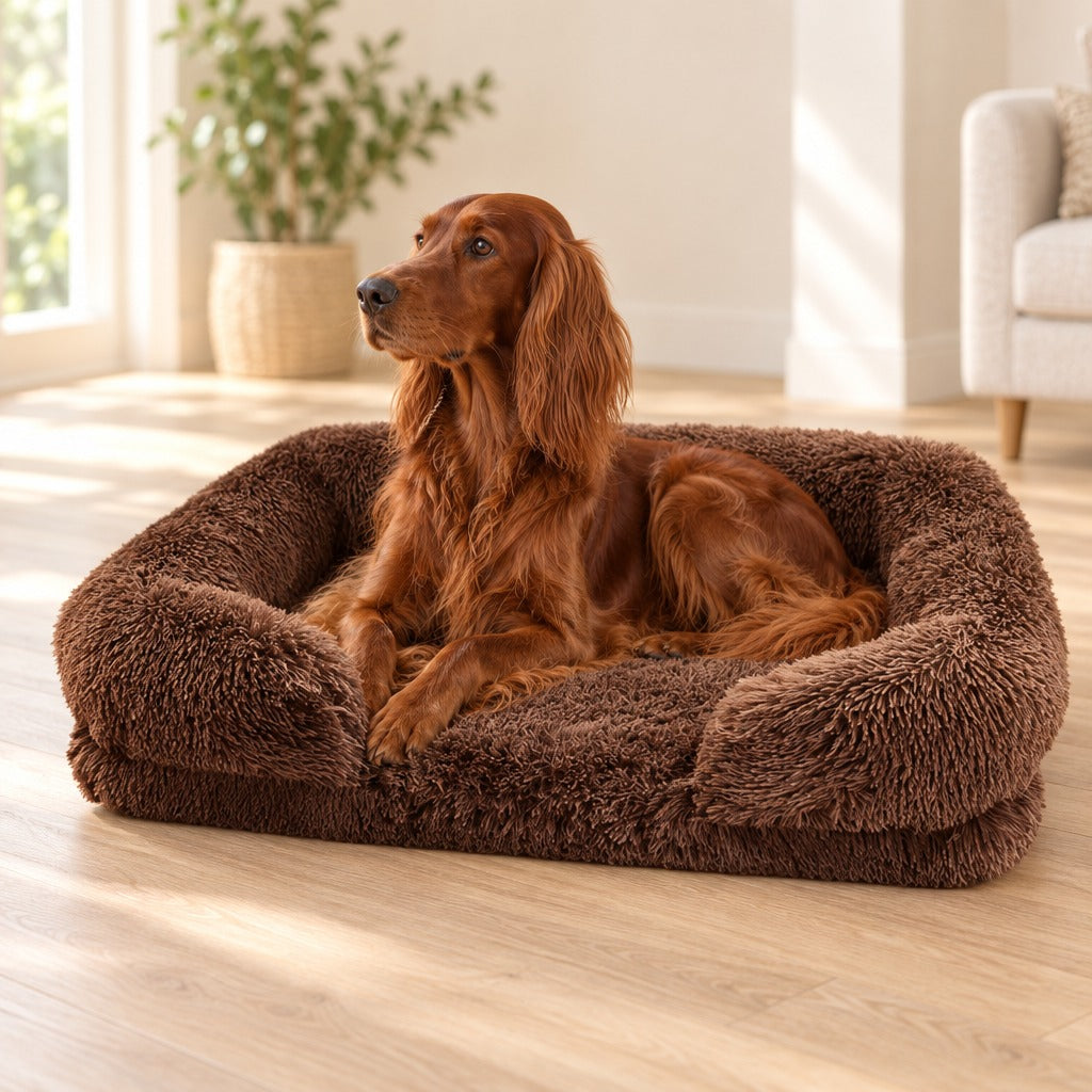 Un setter irlandais couché sur le sofa chocolat, la tête relevée et les oreilles tournées vers la gauche, dans un salon clair.