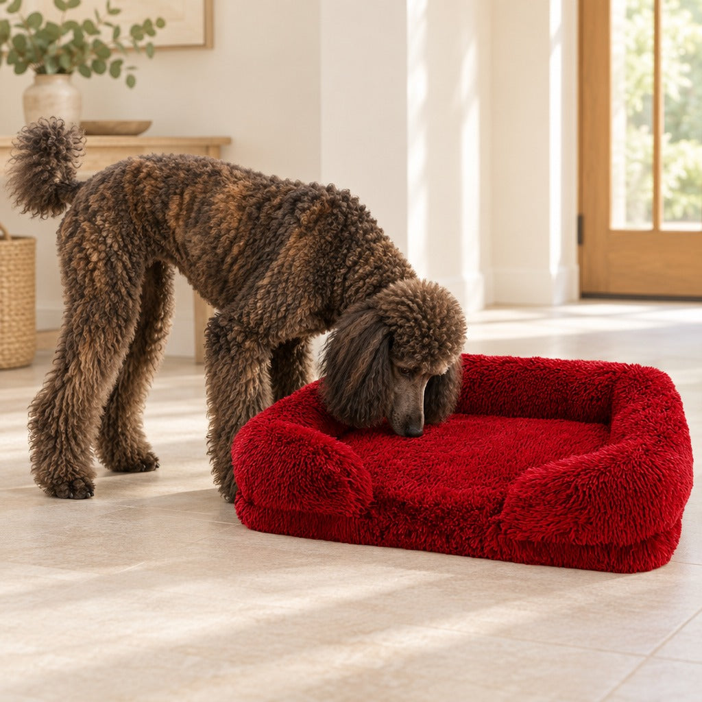 Un caniche royal bringé renifle le rebord du sofa rouge bordeaux, posé au sol dans une entrée claire.