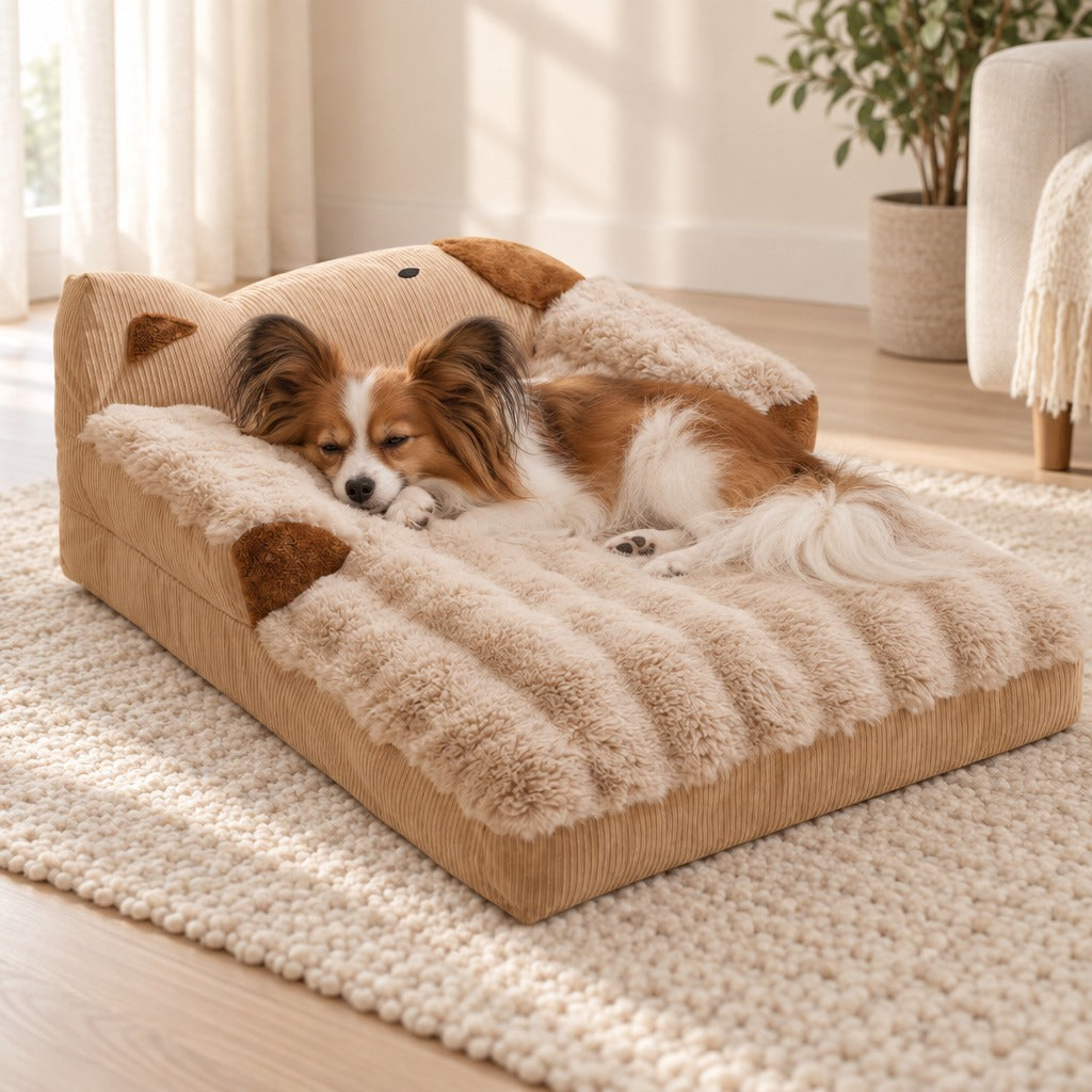 Épagneul papillon fauve et blanc couché sur le flanc, une patte avant repliée sous le menton, sur le sofa en peluche coloris camel dans un salon clair.