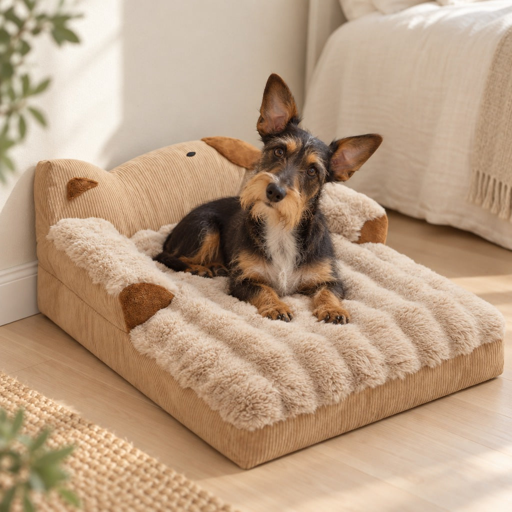 Teckel à poil dur noir et feu installé sur le sofa en peluche coloris camel, posé contre un mur clair dans une chambre lumineuse.