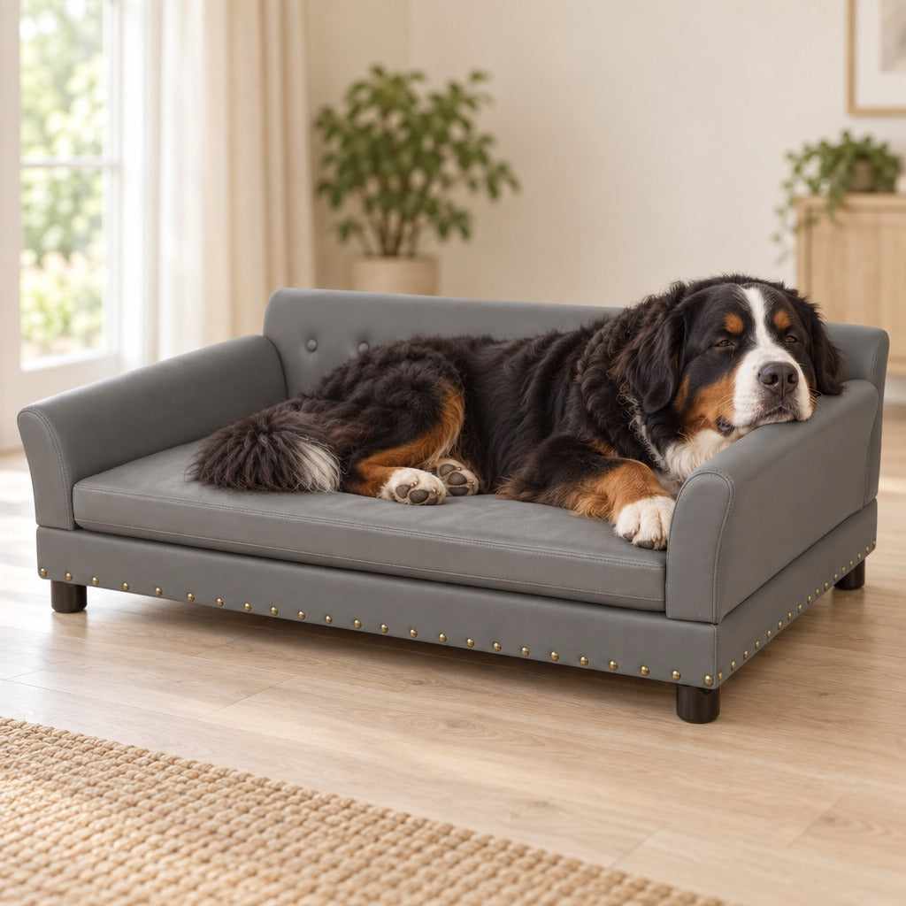 Un bouvier bernois tricolore somnole sur le sofa rectangulaire gris, le menton posé sur l'accoudoir roulé.