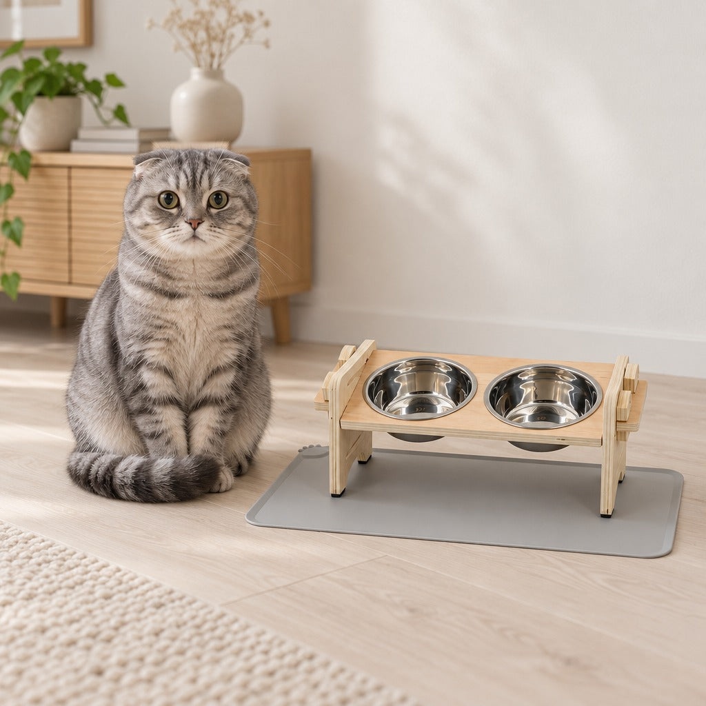 Chat tigré gris assis bien droit à côté du support de gamelles en bois clair, coloris bois clair et gris, installé sur son tapis gris près d'un buffet.