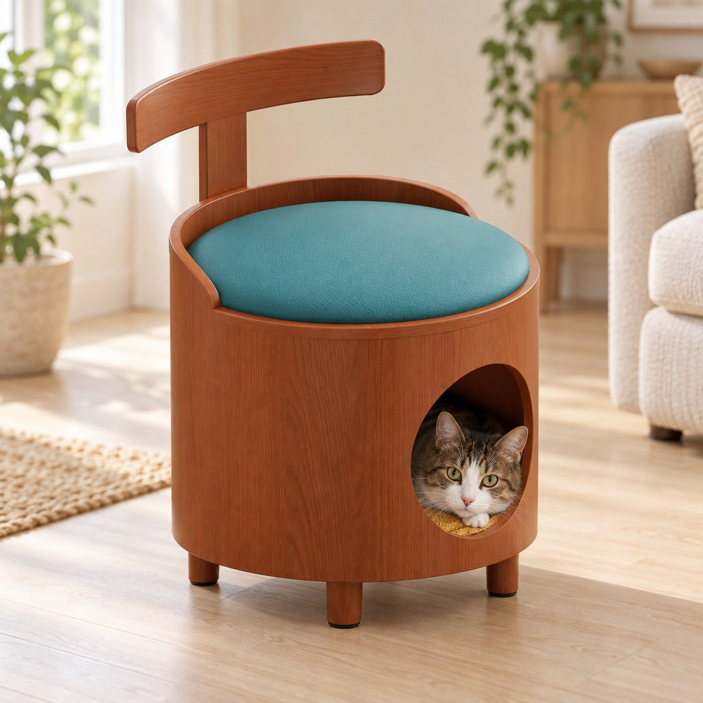 Le tabouret dans un salon clair, un chat installé dans la niche regarde par l'ouverture