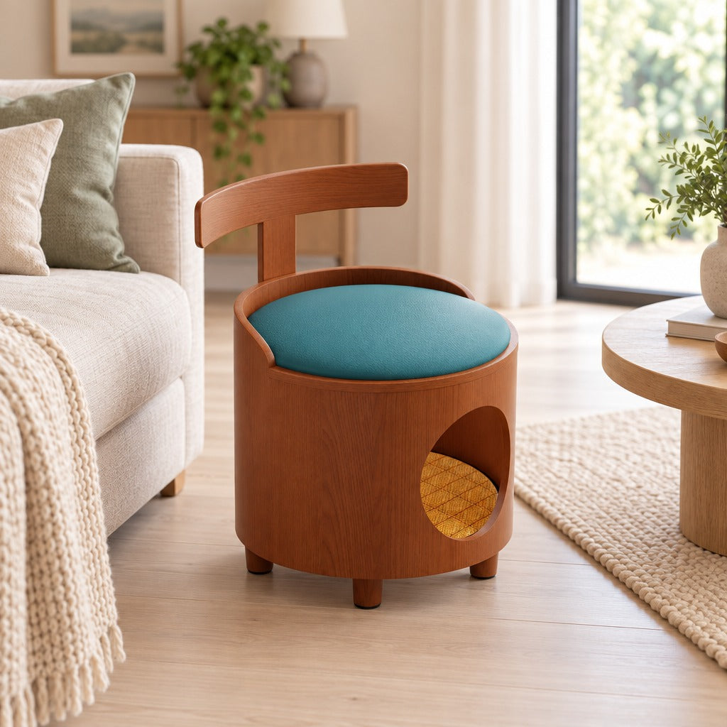 Le tabouret de 54 cm posé près d'un canapé, l'ouverture ronde visible sur le flanc