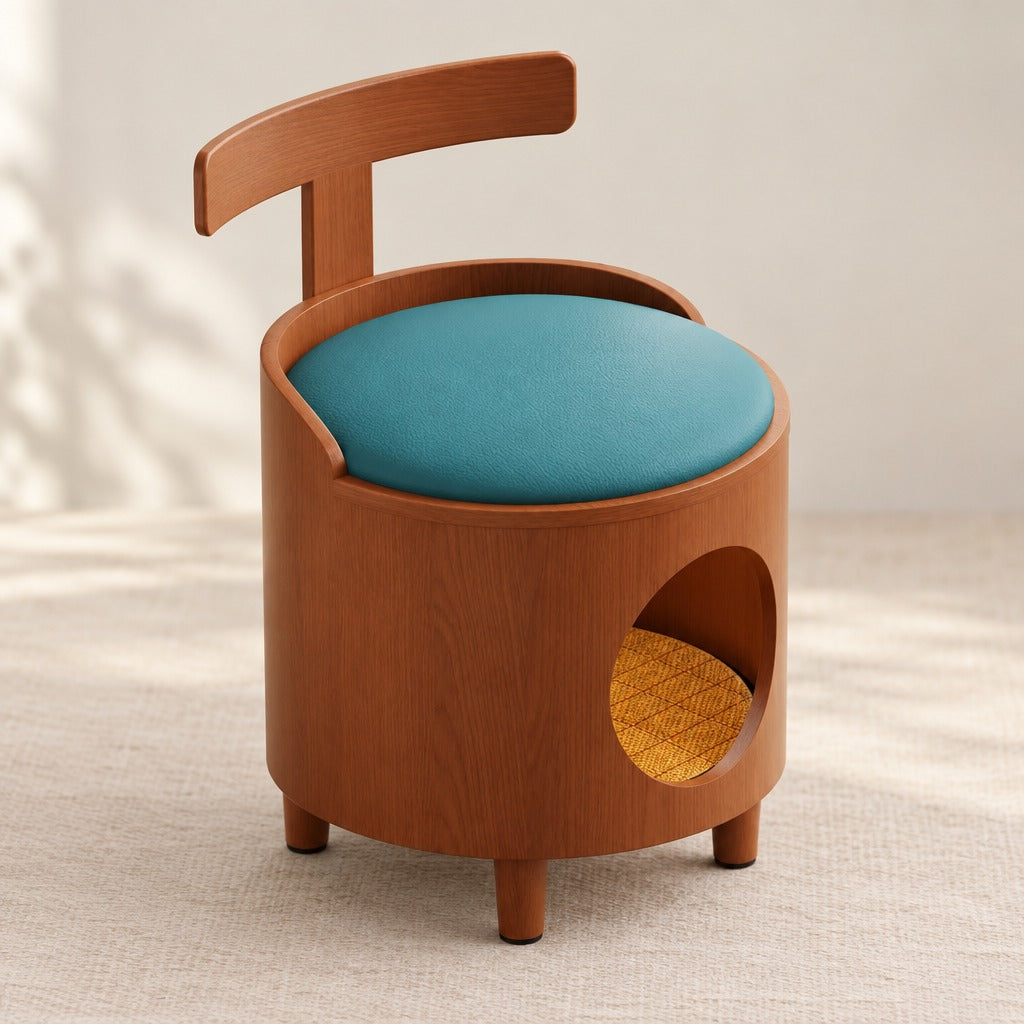 Le tabouret vu de trois quarts : quatre pieds, ouverture ronde, assise et dossier