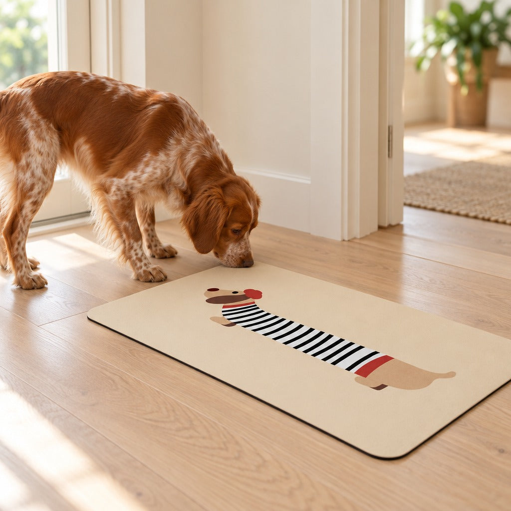 Un épagneul breton fauve renifle le bord du tapis de sol à motif de teckel en marinière, coloris Marinière crème, posé à plat dans une entrée claire.