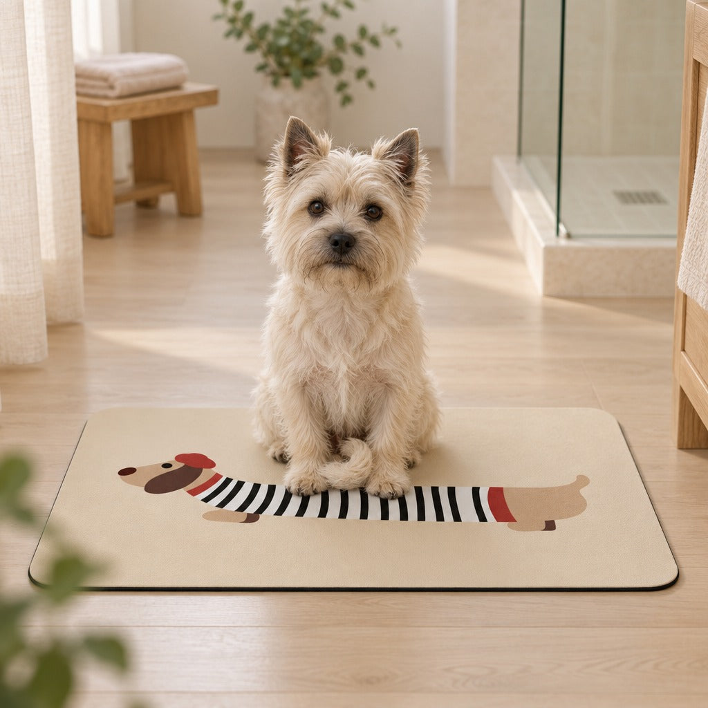 Un cairn terrier blanc crème assis bien droit au centre du tapis de sol coloris Marinière crème, dans une salle de bain lumineuse.