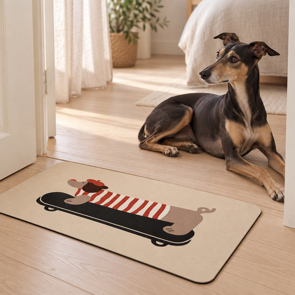 Un whippet noir et feu couché près du tapis de sol coloris Planche crème, dont le teckel imprimé est allongé sur une planche à roulettes noire.