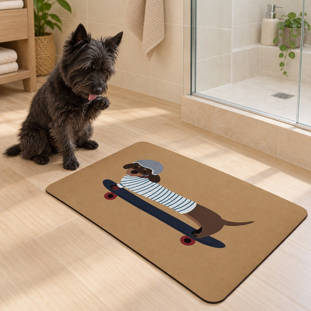 Un cairn terrier noir assis lèche une patte avant à côté du tapis de sol coloris Planche caramel, dans une salle de bain claire.