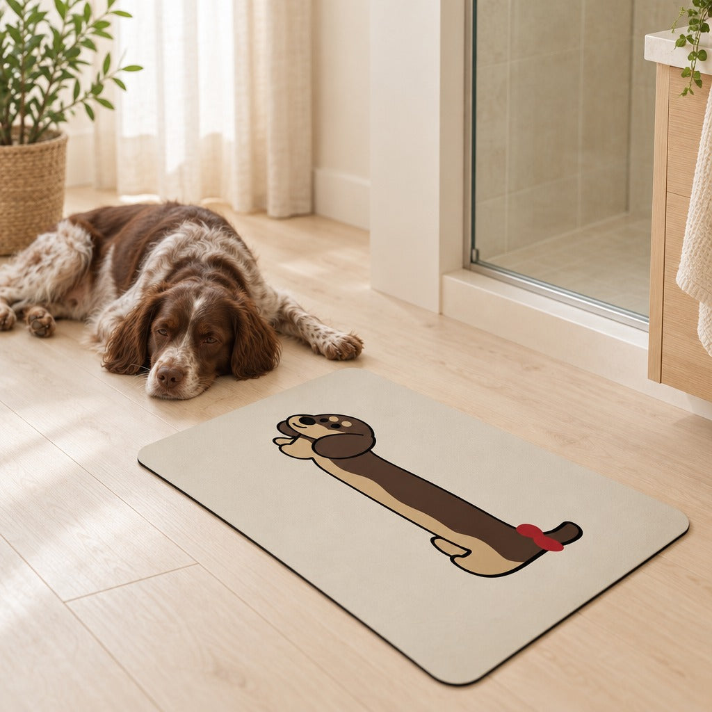 Un épagneul breton chocolat affaissé sur le sol près du tapis coloris Nœud rouge, dans une salle de bain claire.