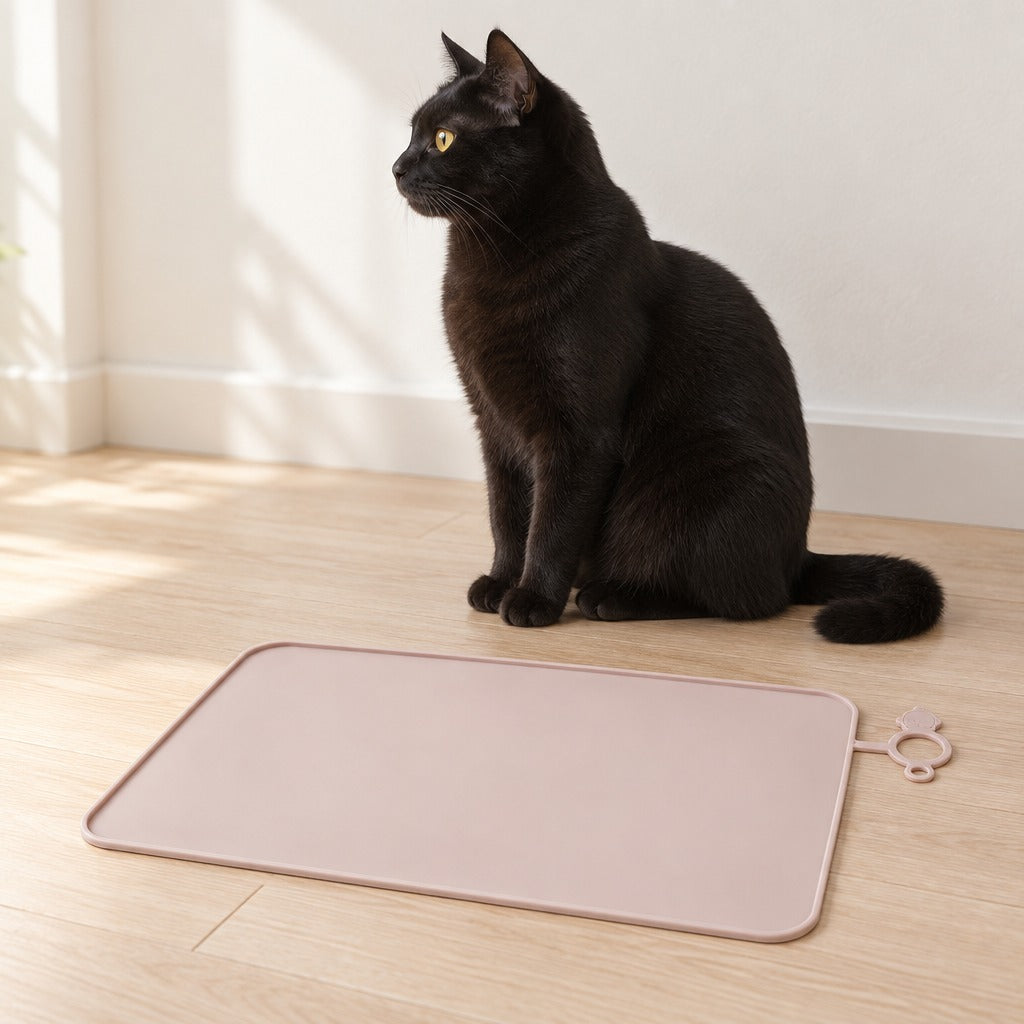 Chat noir Bombay assis de profil près du tapis de gamelle rose poudré posé à plat sur un parquet clair.