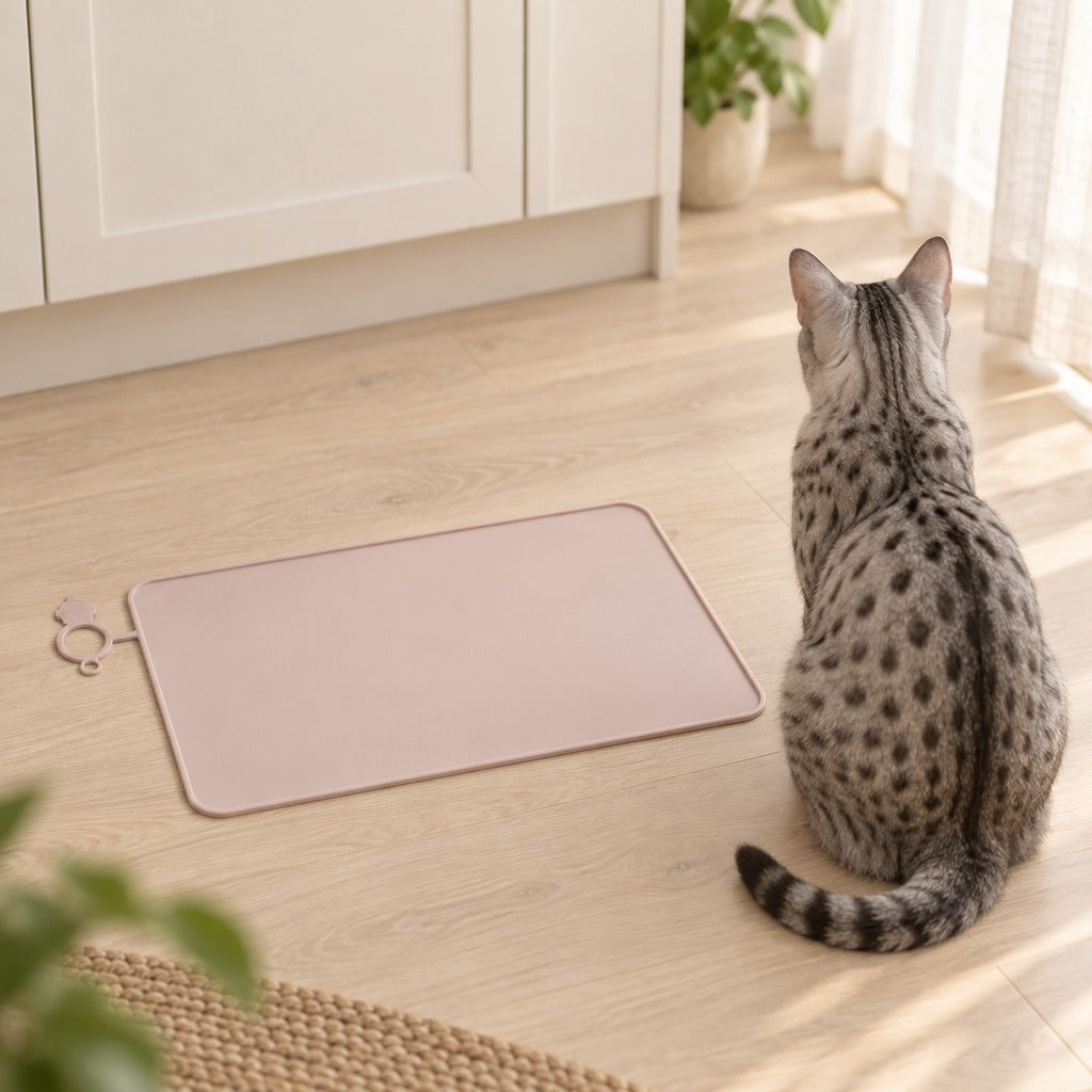 Chat silver tabby vu de dos devant le tapis de gamelle rose poudré posé au pied des meubles d'une cuisine claire.
