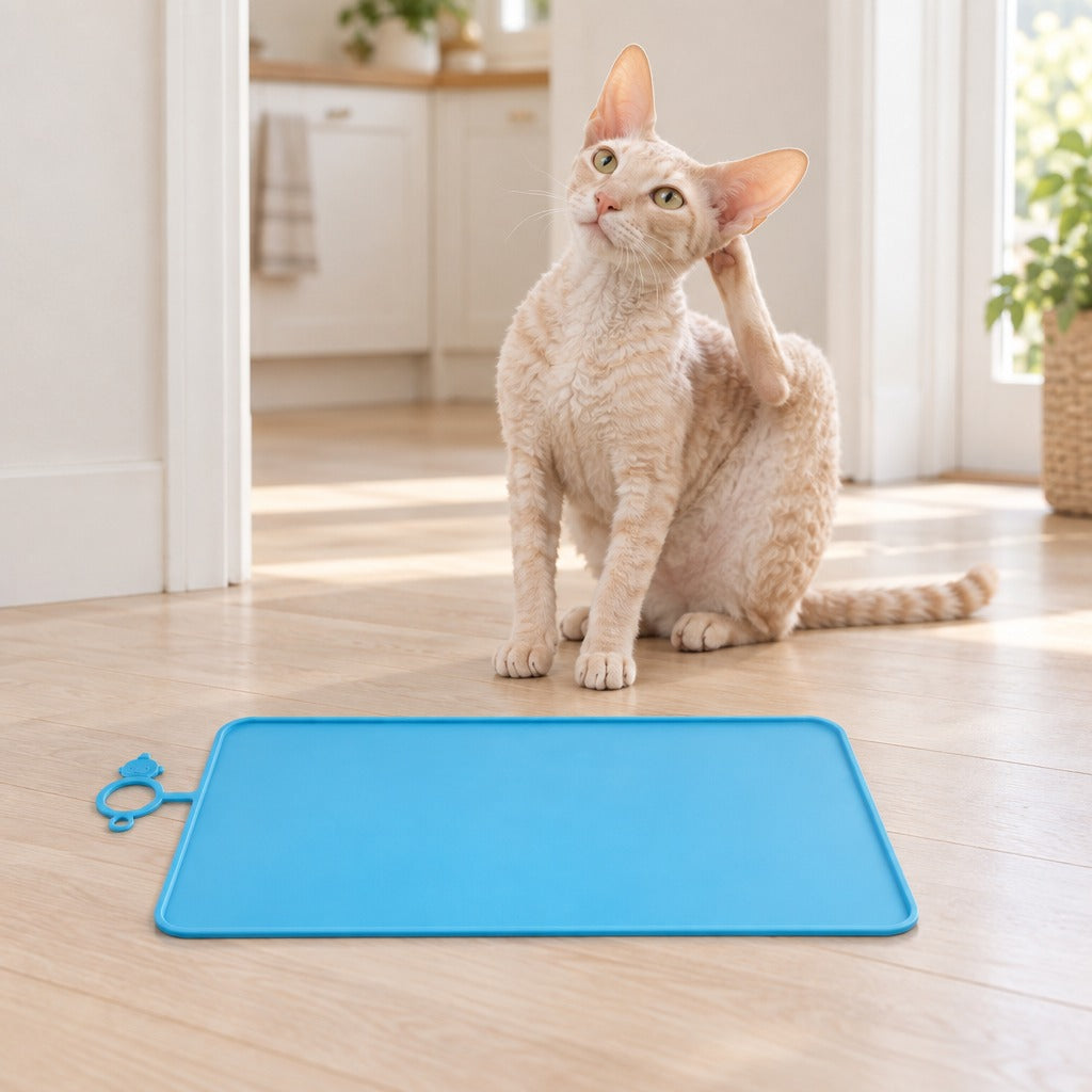 Chat Cornish Rex crème en train de se gratter l'oreille derrière le tapis de gamelle bleu ciel posé au sol.