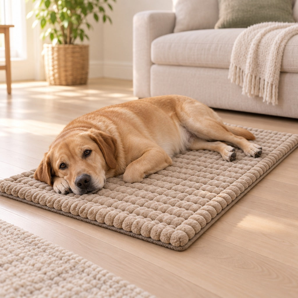 Un labrador sable dort allongé sur le tapis beige sable posé à plat sur le parquet d'un salon clair.
